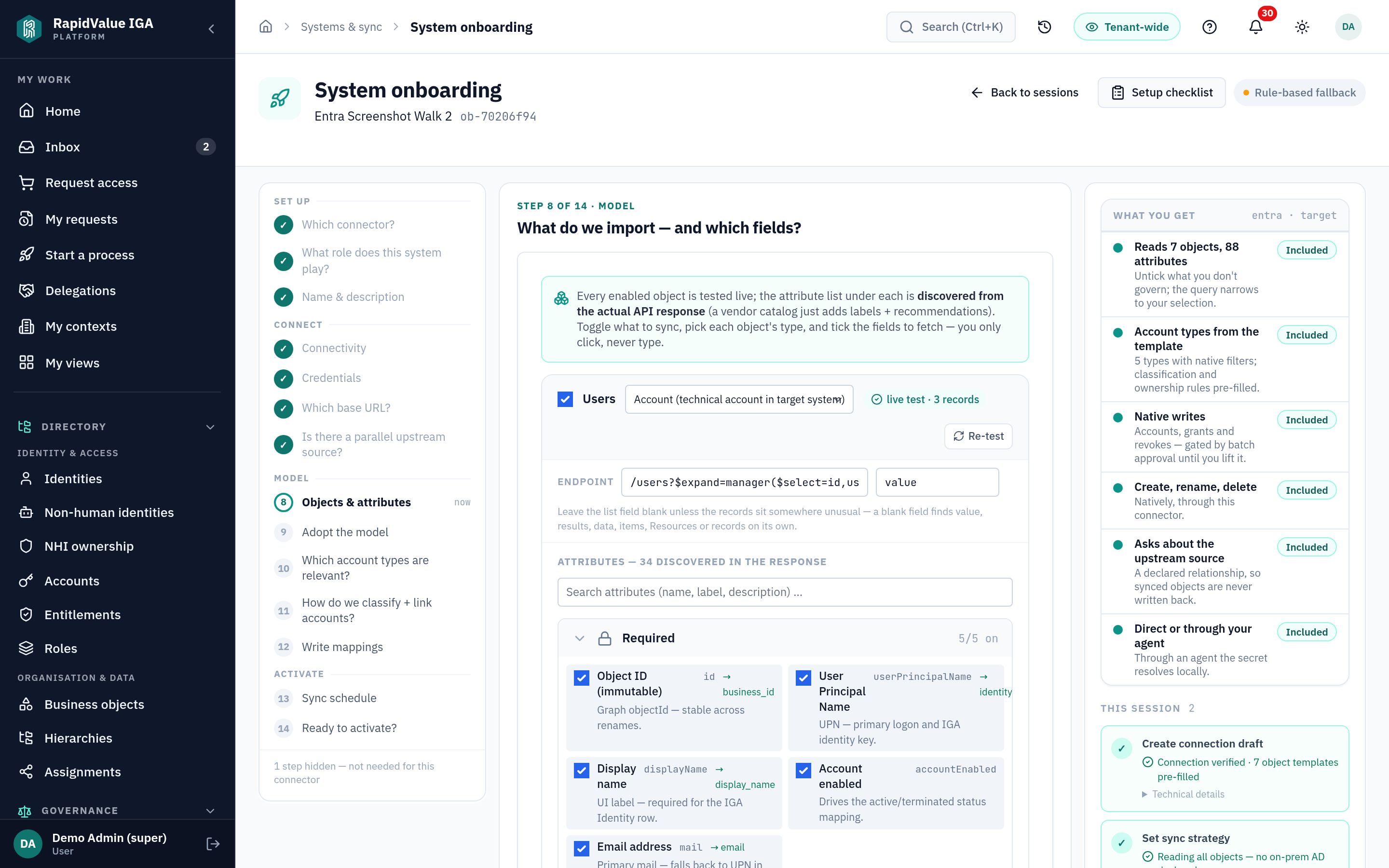 RapidValue onboarding wizard showing live API results and discovered attributes
