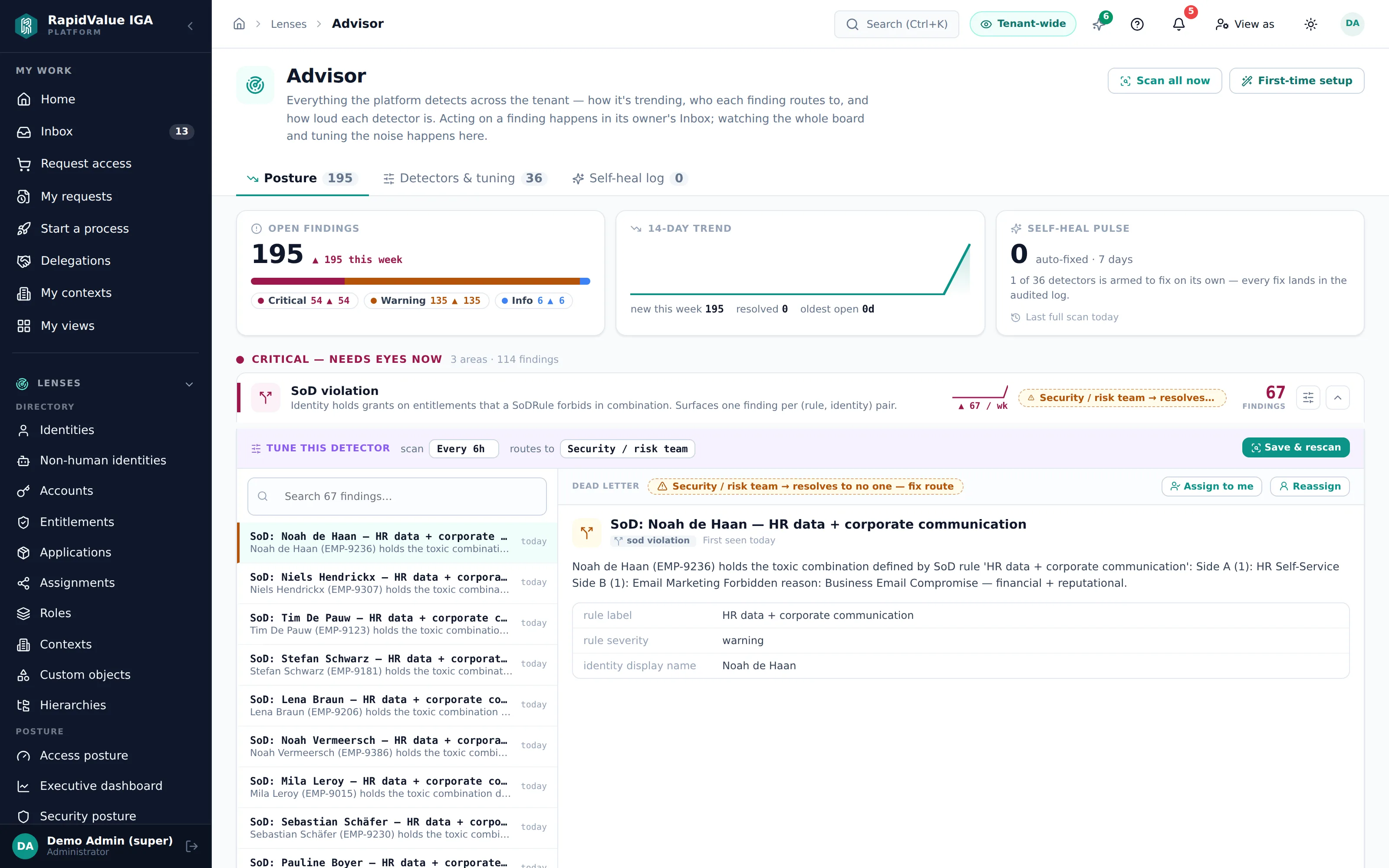 a SoD violation opened in the Advisor — both sides named, routed to security, decidable