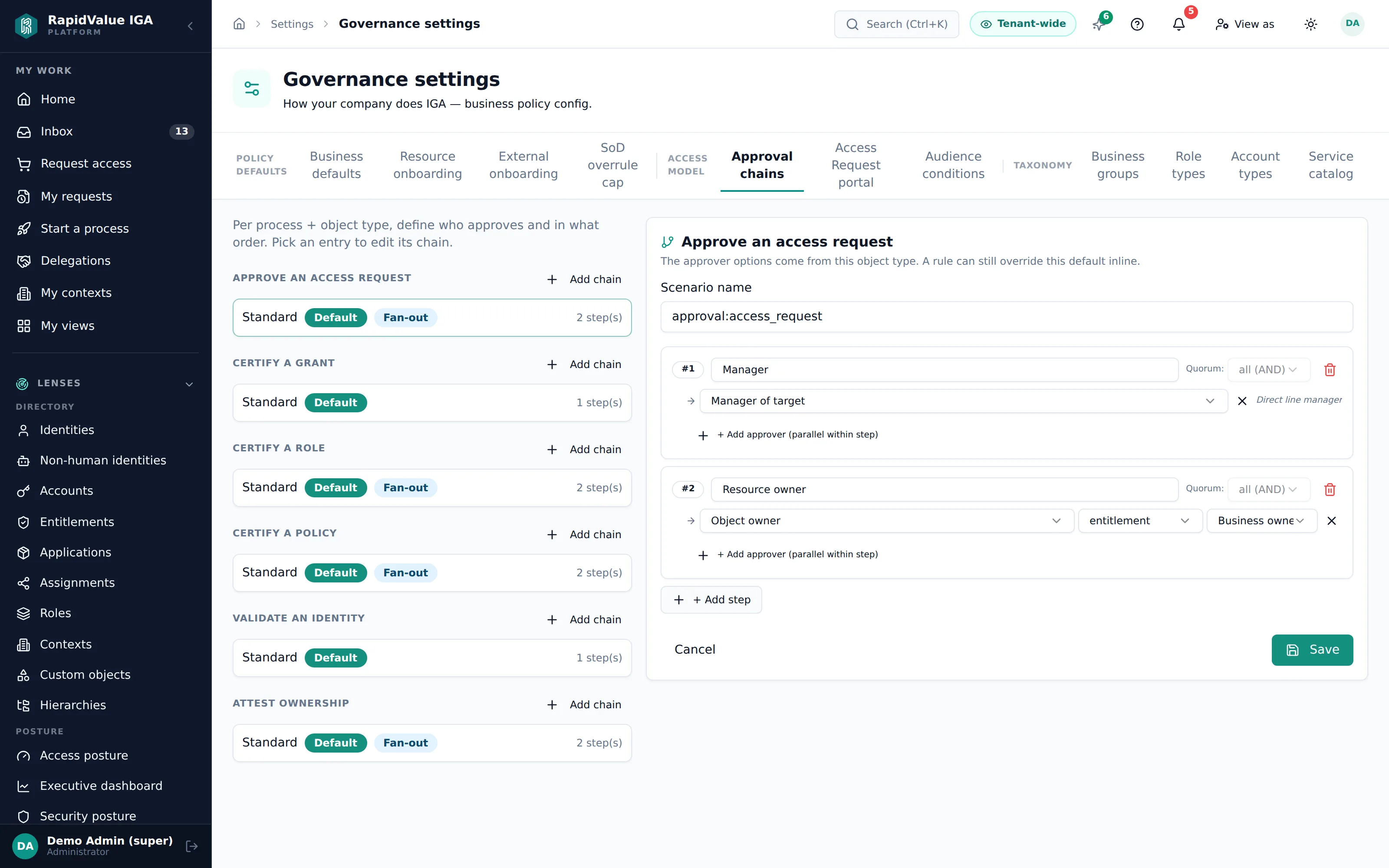 the reviewer-chain registry — named chains, per-type defaults, quorums