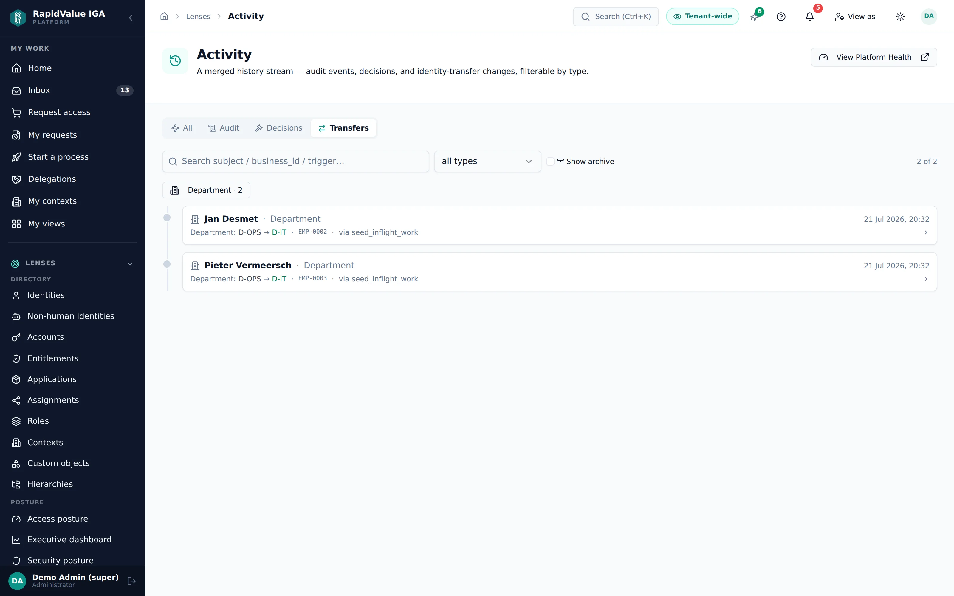 transfers with the actual field changes inline