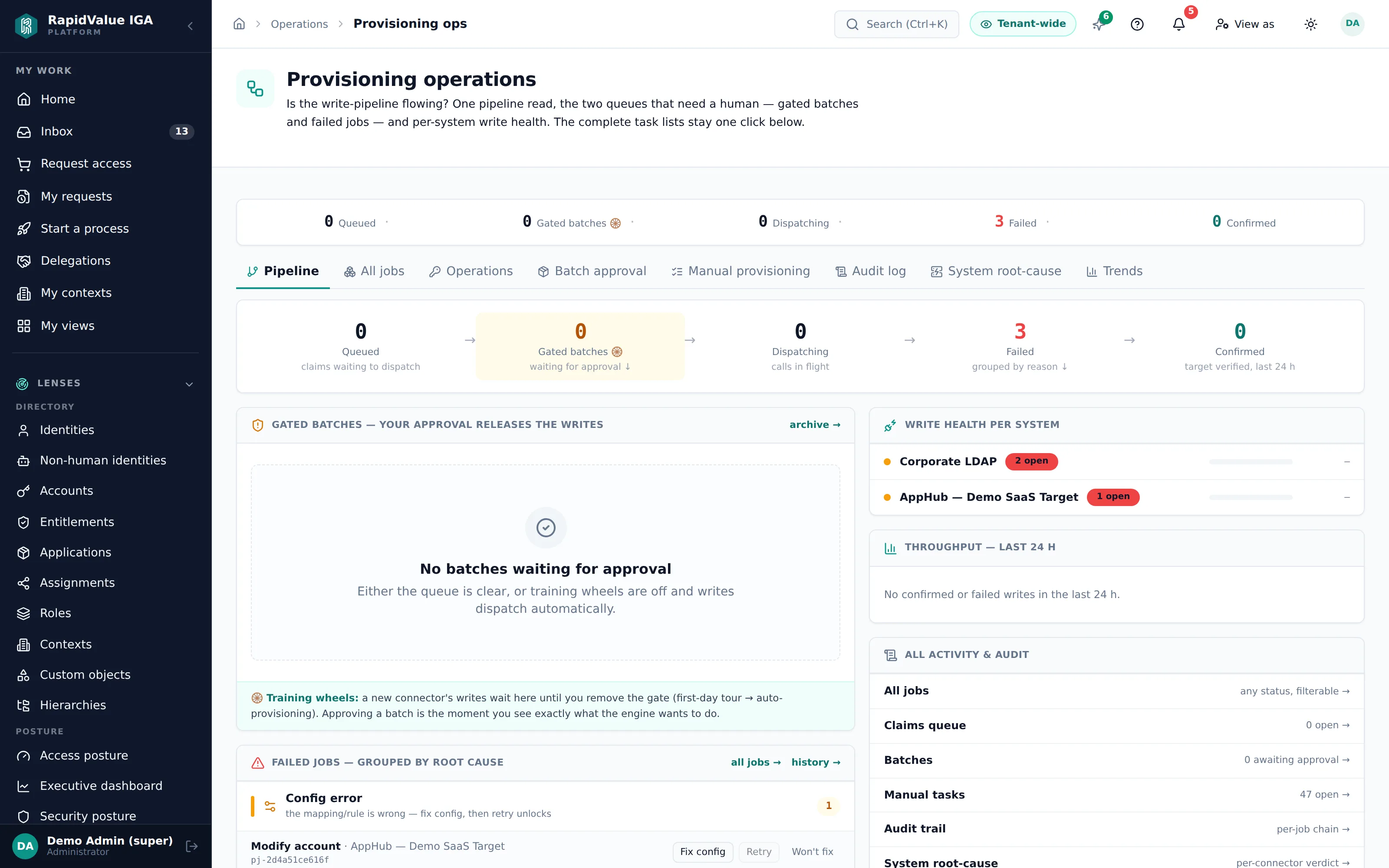 provisioning operations — batches, gated writes, triage
