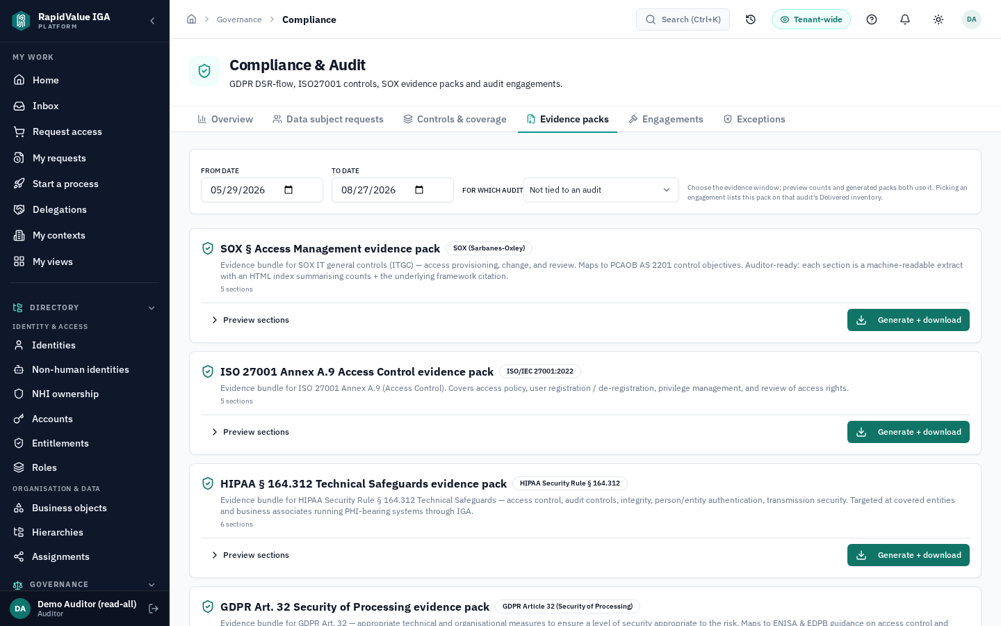 Audit packs, dashboards & compliance in the RapidValue product